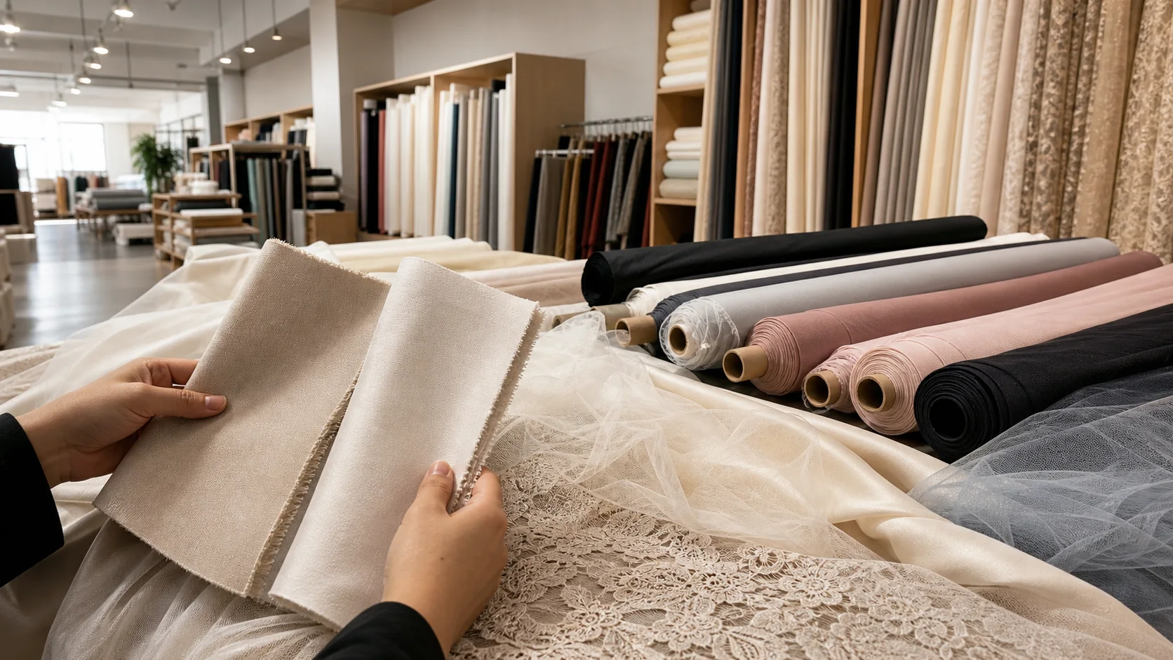 Editorial image of hands comparing fabric swatches beside rolls of lace, mesh, satin, and cotton