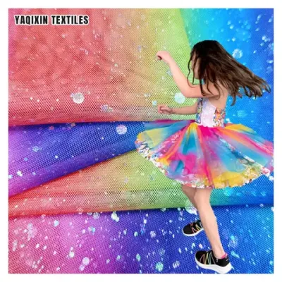 YX2178 rainbow tulle mesh fabric with silver dots