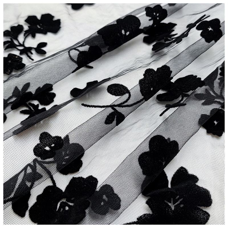 Black floral flocked mesh closeup thumbnail
