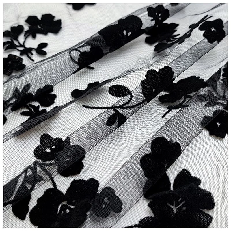 Black floral flocked mesh closeup thumbnail