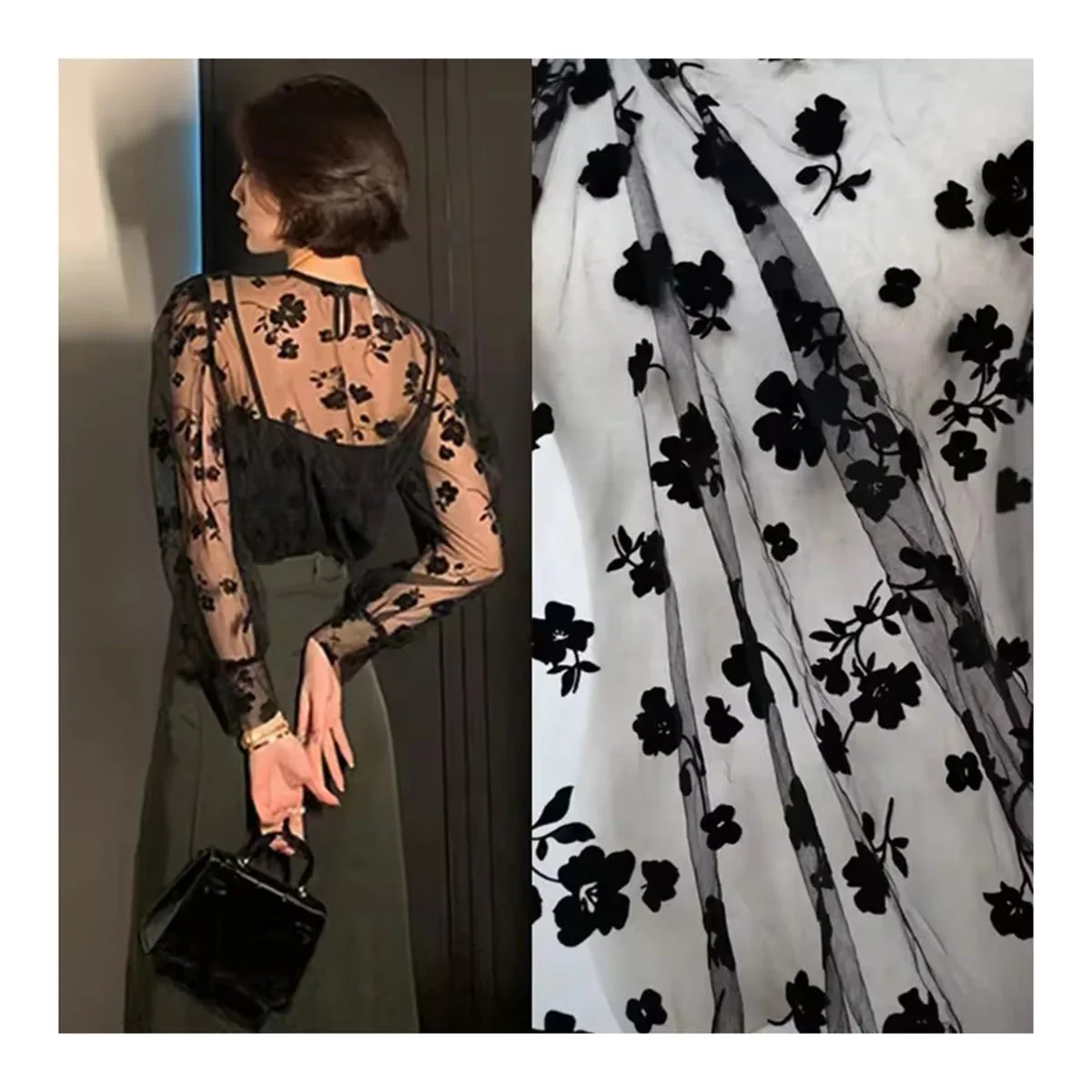 LST009 black floral flocked mesh fabric for lingerie and dresses