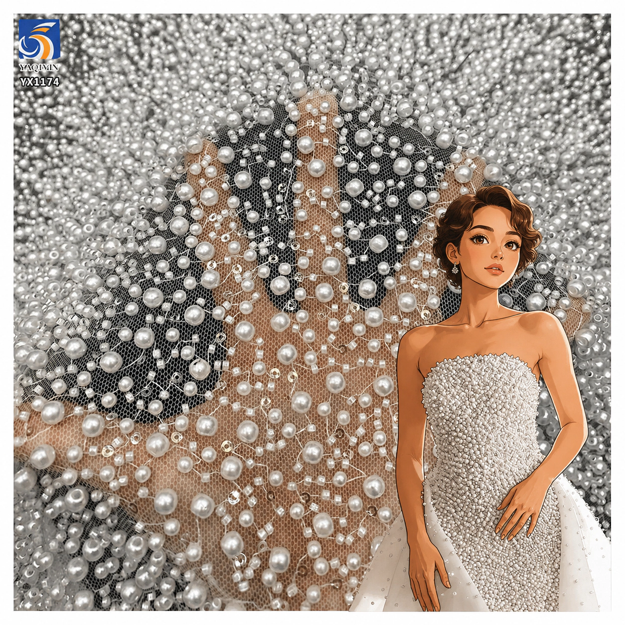YX1174 white pearl 3D beads sequin lace fabric