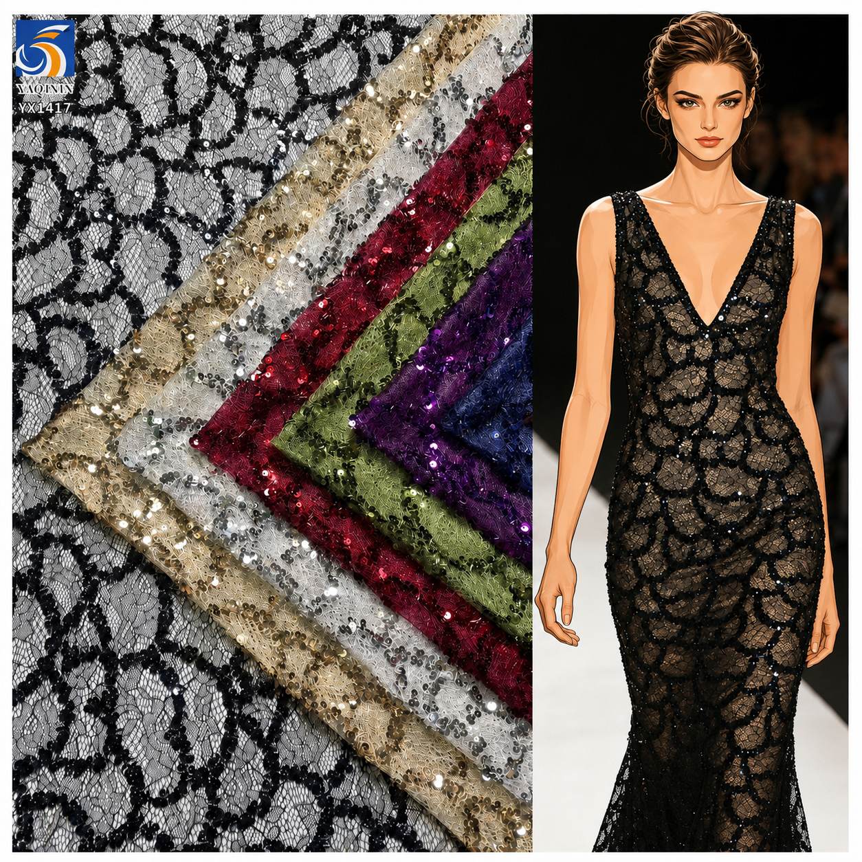 YX1417 5mm sequin lace mesh fabric for party dresses