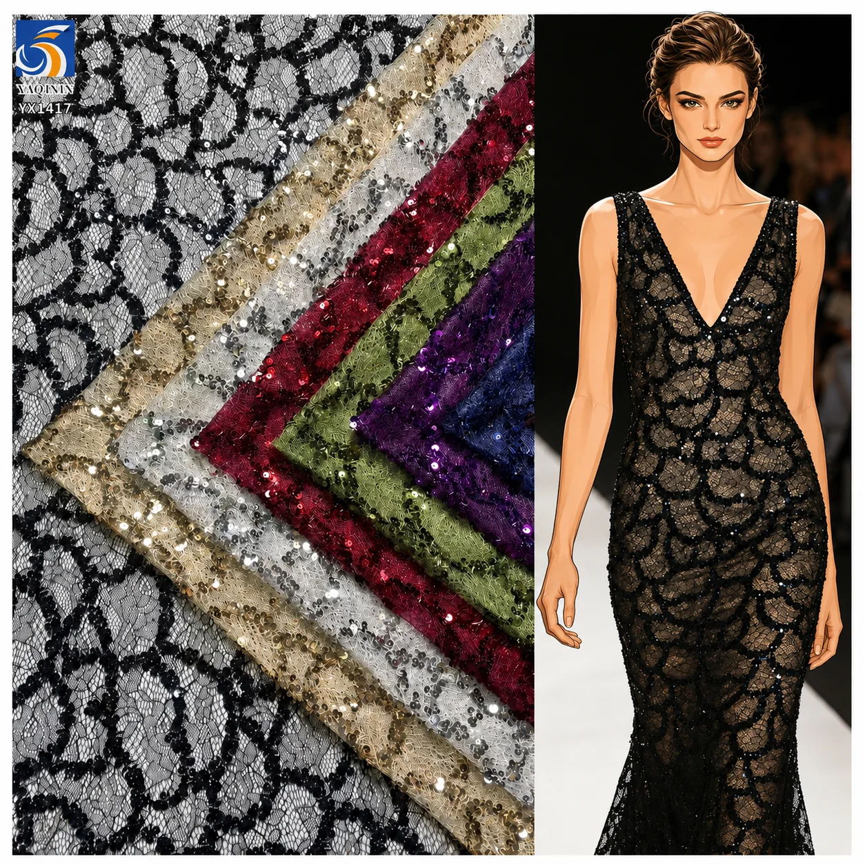 YX1417 5mm size sequin lace mesh fabric