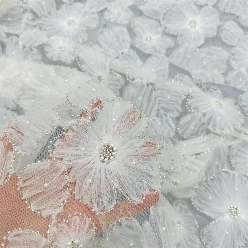YX2284 white flower embroidery pearls and sequins surface