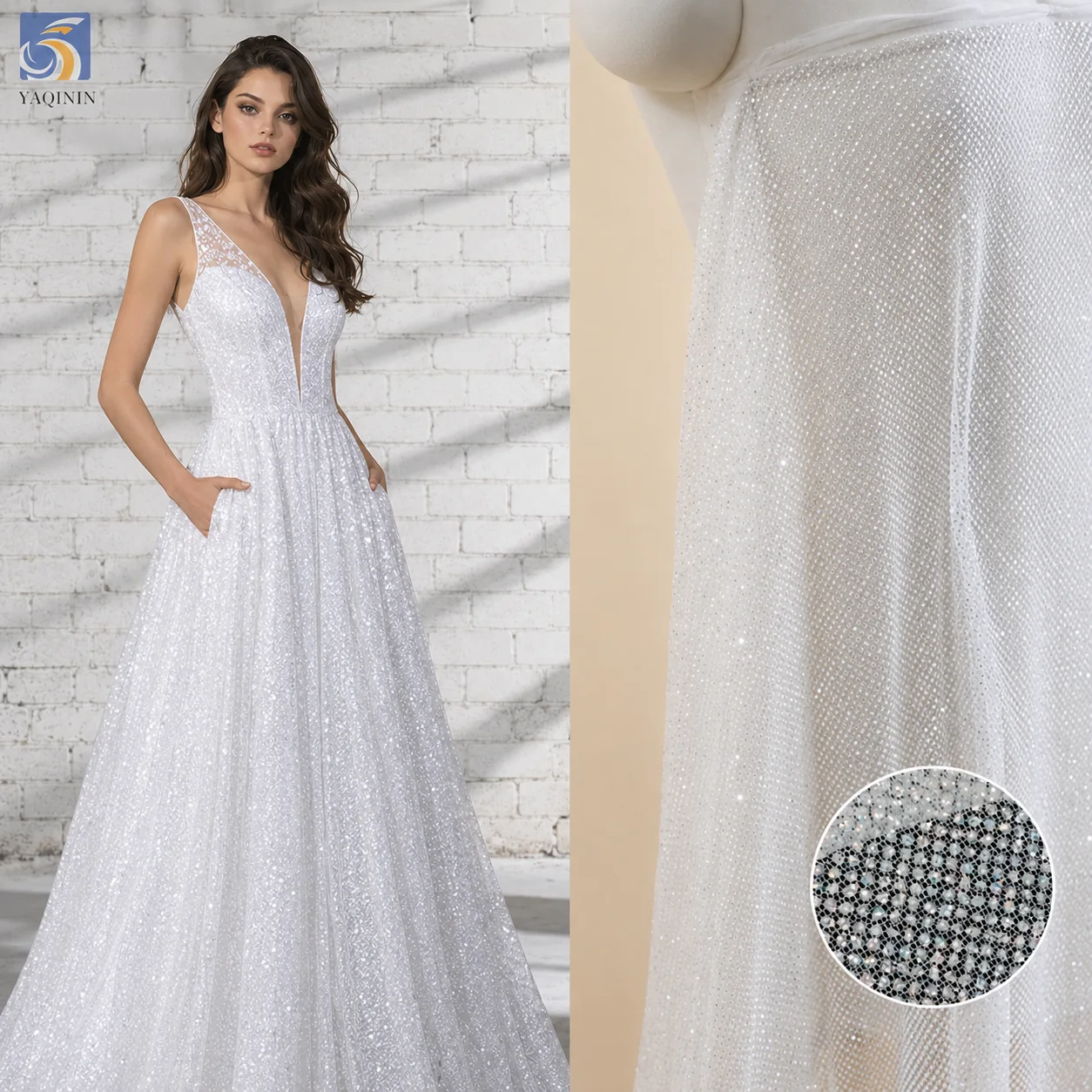 YX2322 silver big shiny glitter tulle mesh fabric for wedding dresses