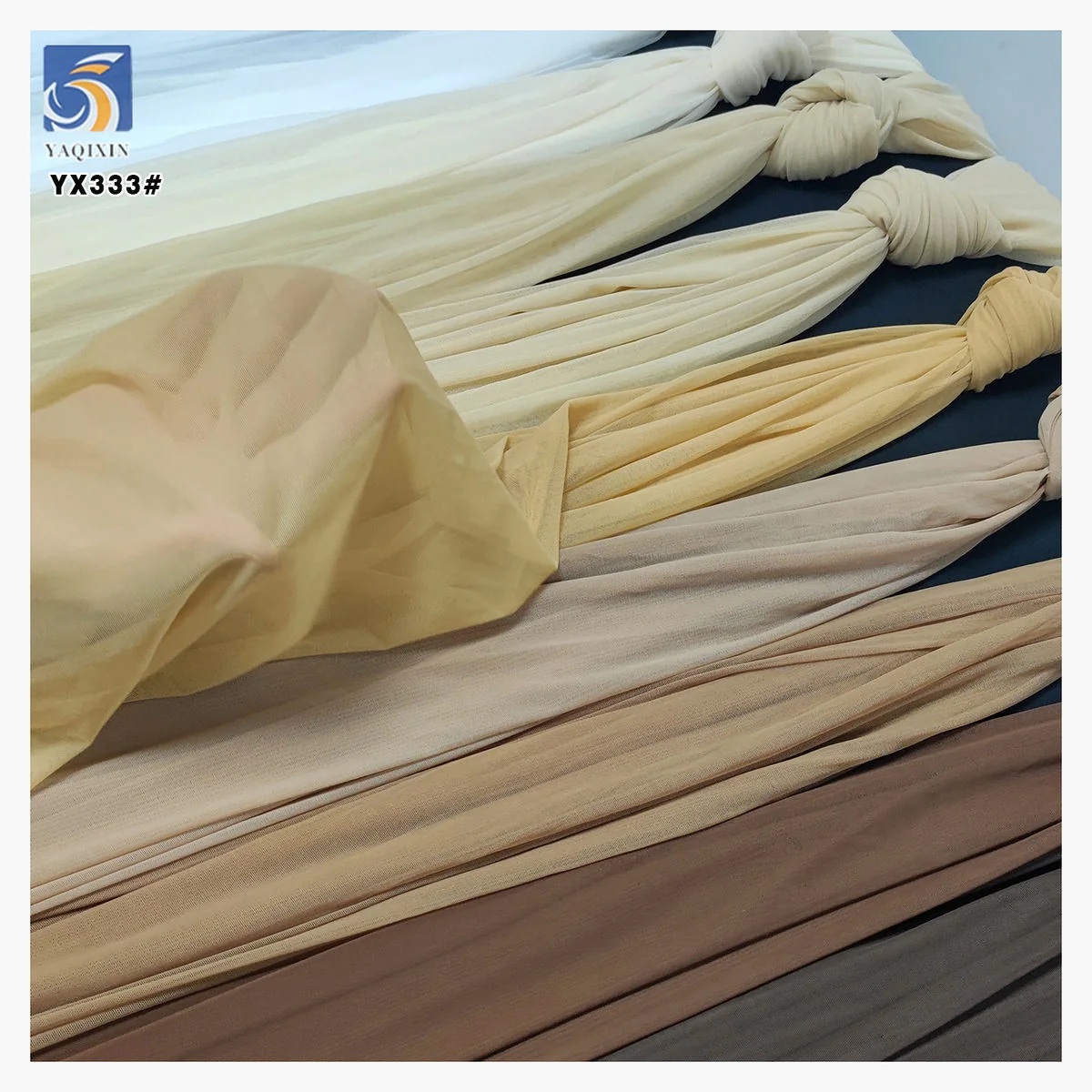 YX442-3 stretch mesh tulle nude color rolls and knots
