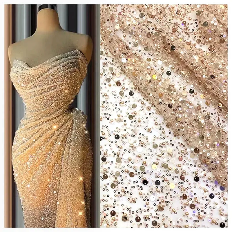 YX8866 golden glitter lace fabric with embroidery pearl 3D beads