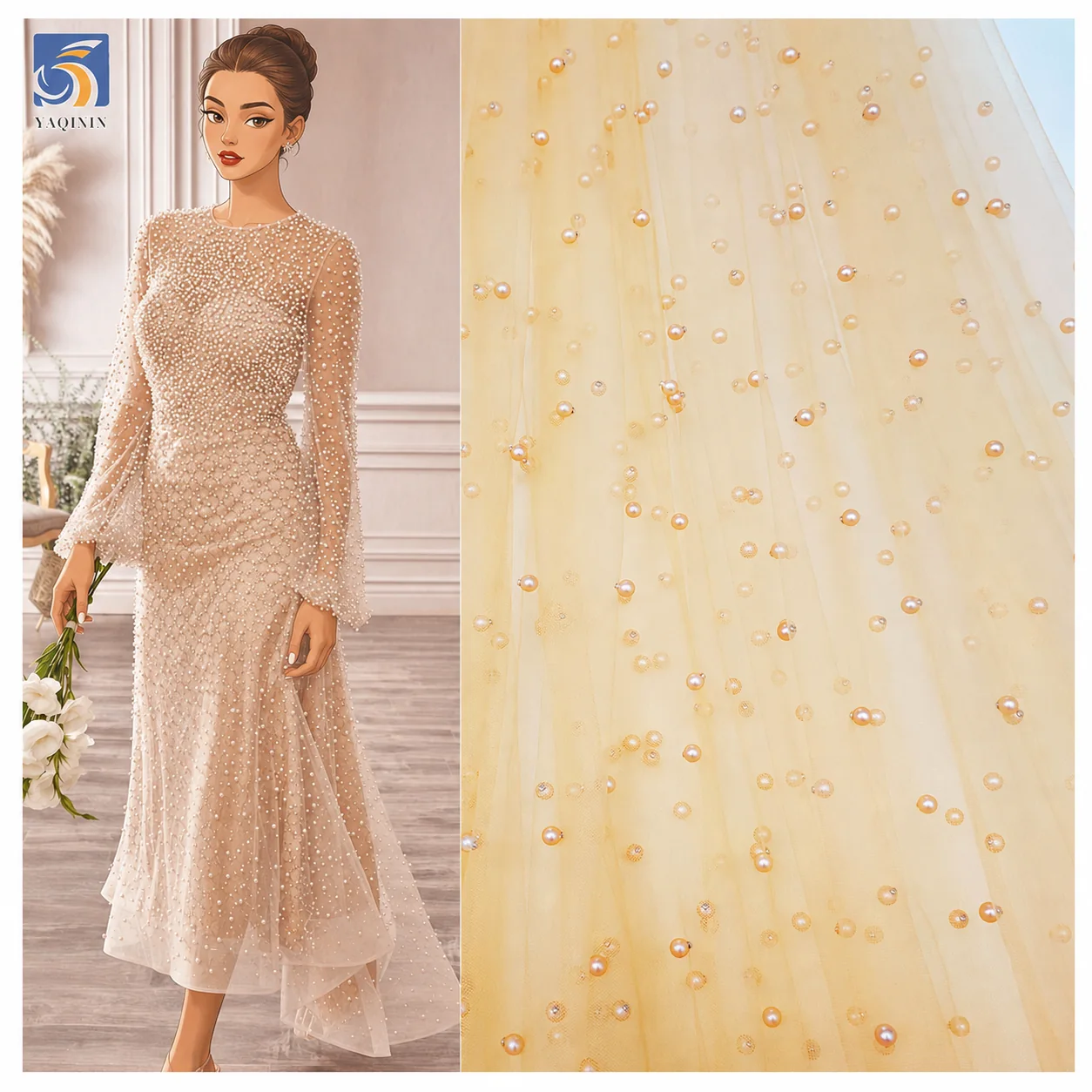 ZST001-2 pearls 3D tulle mesh lace fabric for bridal wedding dress
