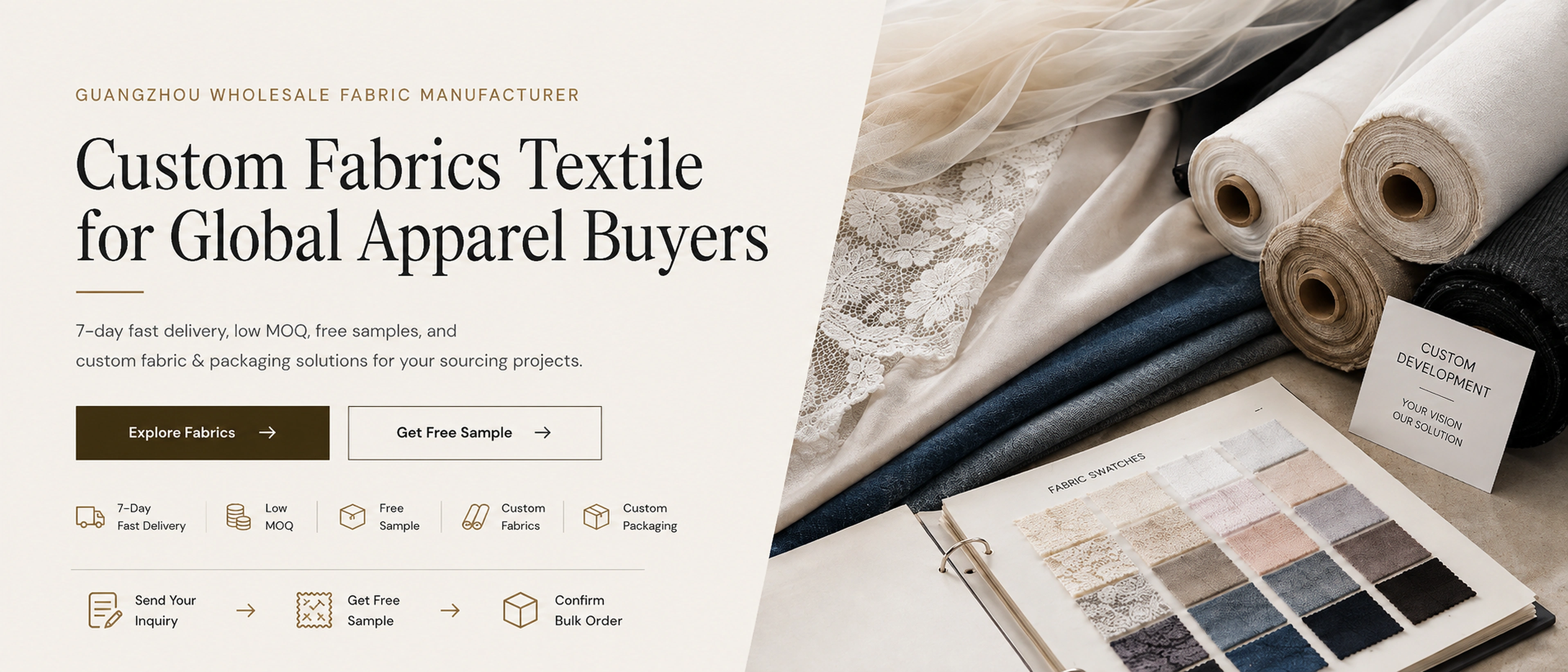 Original YAQIXIN banner: custom fabrics textile for global apparel buyers, with fabric rolls and sample swatches